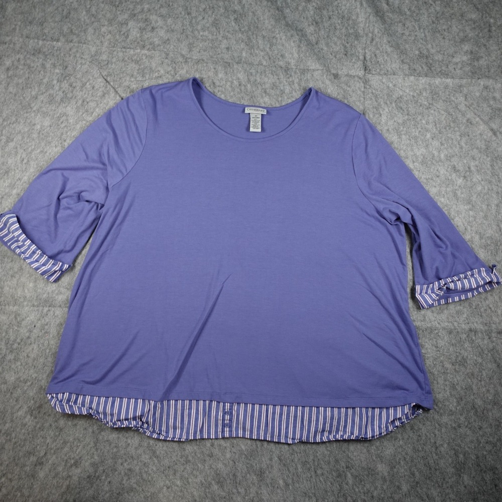 Catherines Top Women 3X Purple Striped Trim‎ Layered Look 3/4 Sleeve Knit Shirt
